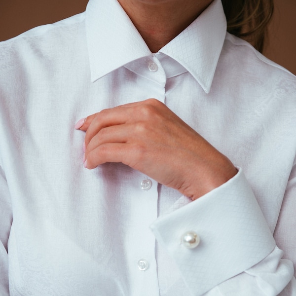 White blouse for women long sleeve. White Button Down Shirt for Women. Paisley French cuff blouse. White collared shirt women. Womens Blouse