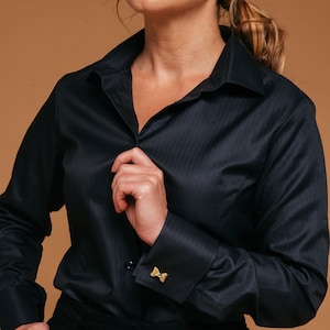 Black button down shirt women. French cuff blouse, Cufflink woman blouse