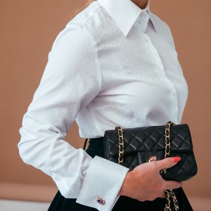 Luxury white flowy French cuff blouse for women, Button down formal shirt, Floral white shirt women, Cotton blouse, Elegant evening top