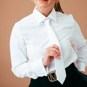 Trendy womens white tie neck blouse. Paisley evening white blouse for women necktie shirt. French cuff shirt for women, button down shirt