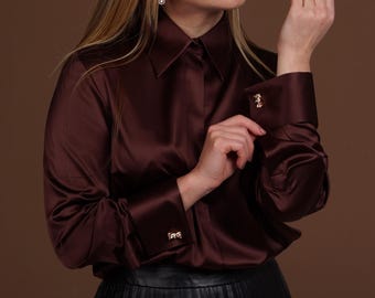 Luxury Pure Mulberry Silk Blouse: Chocolate Brown French Cuff Button-Down Shirt for Women, Silk Satin Shirt