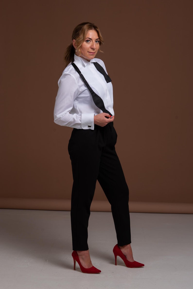 Women`s White Tuxedo Shirt with Piqué Fabric Details and Wing Collar - Perfect for Weddings and Formal Occasions