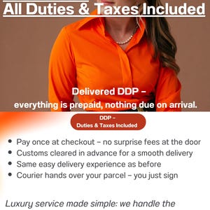 Elegant informational slide for U.S. customers stating that all import duties and taxes are included; DDP delivery with no extra fees on arrival; premium ivory-and-gold design, luxury typography