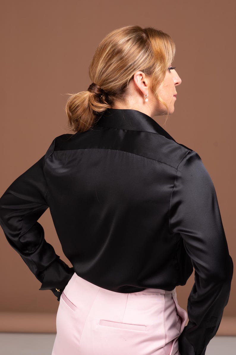 Black Silk Blouse with French Cuffs for Women – Luxurious and Comfortable