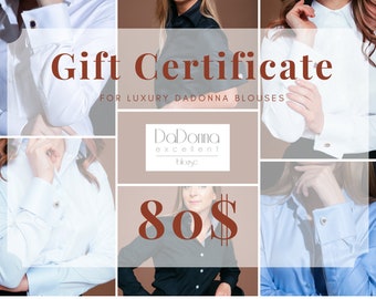 Gift for women, Etsy gift certificate for DaDonna Blouses shop for 80 USD , electronid printable gift card, last minute gift