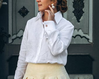 White Linen Shirt Women with Pure Shell Buttons, Linen Blouse with French Cuffs, High Collar Women Shirt, Linen Clothing for Women Tops