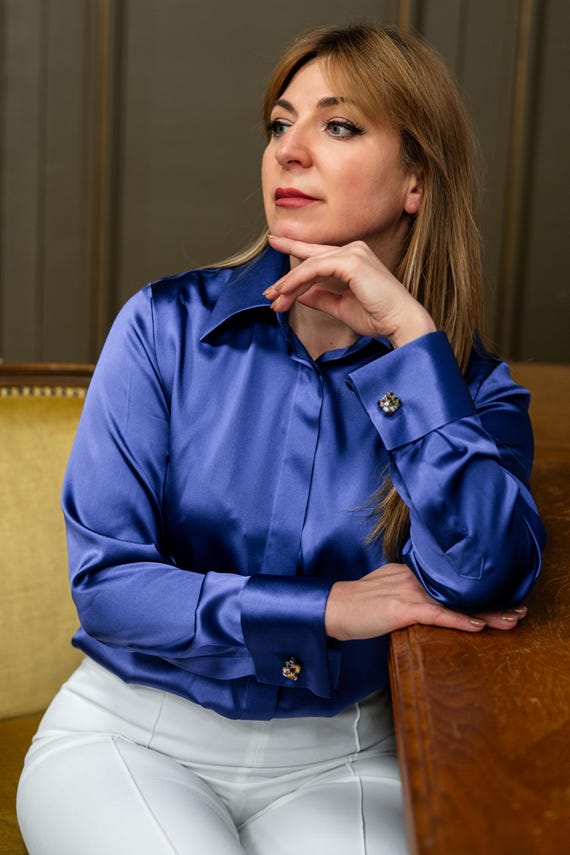 royal blue dress shirt womens Luxury Bold Pure Mulberry Silk Blouse: Formal Blue French Cuff Button-Down for Women, Silk Satin Shirt, Silk Button Down Blouse Whether youre a pastor
