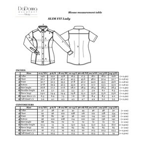 May include: A chart showing blouse measurements in inches and centimetres for different sizes, from 0-2XS to 24/4XL. The chart includes measurements for collar, chest, waist, bottom, shirt length, shoulder length, sleeve length, upper sleeve, and cuff closed.