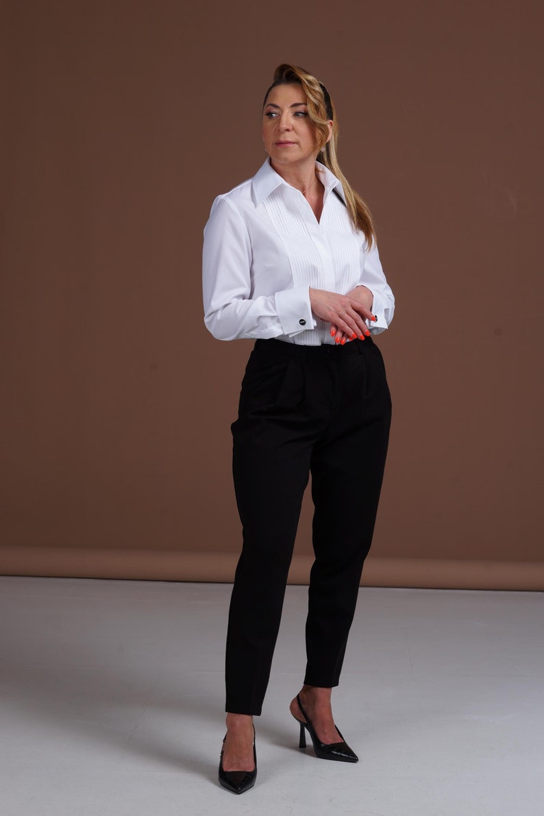 Women`s White Tuxedo Shirt with Pleated Panel and French Cuffs - Perfect for Weddings and Formal Occasions