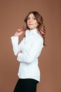 White Blouse with French Cuffs, Fitted Stretch Cotton High Collar Shirt with Hidden Placket and Pearl Buttons, Womens Clothing Tops product logo