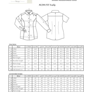 May include: A black and white technical drawing of a slim fit blouse showing front and back views with numbered measurement points. A comprehensive table provides sizing specifications in inches for collar, chest, waist, bottom, and sleeve length.