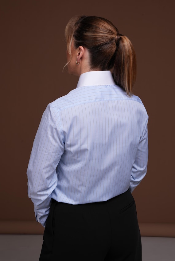 Blue Pinstripe French Cuff Blouse for Cufflinks: High Collar Cotton Business Shirt - Etsy Israel Blue Pinstripe French Cuff Blouse for Cufflinks: High Collar Cotton Business Shirt - Etsy Israel