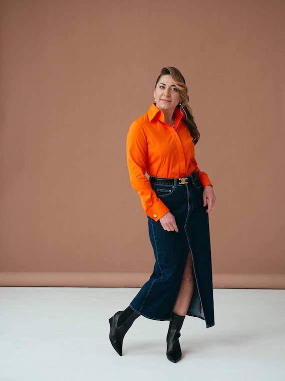 Orange Shirt Women Long Sleeve, Stretch Cotton French Cuff Blouse, High  Collar Shirt Women, Button Down Shirt for Women - Etsy Canada