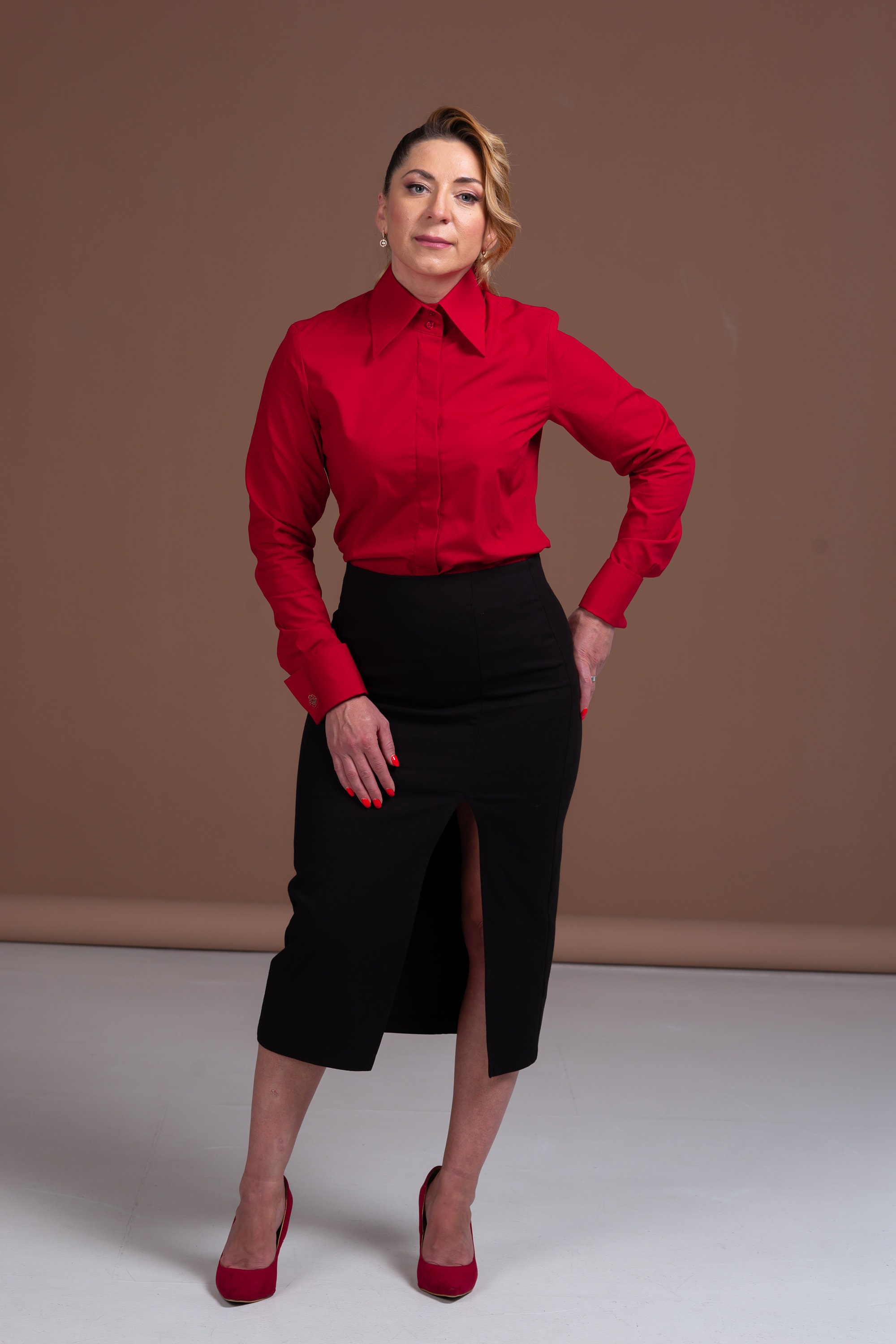 Red Blouse French Cuff Shirt High Collar, Red Shirt Women, Button Down Shirt, Button Up Work Blouse, Womens Clothing Tops Button Down