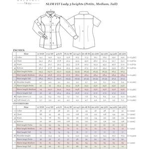 May include: Measurement chart for a slim-fit lady's blouse, featuring measurements in inches and centimeters. Includes collar, chest, waist, bottom, shirt length, shoulder length, and sleeve length measurements for various sizes.