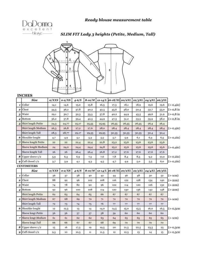 May include: Measurement chart for a slim-fit lady's blouse, featuring measurements in inches and centimeters. Includes collar, chest, waist, bottom, shirt length, shoulder length, and sleeve length measurements for various sizes.