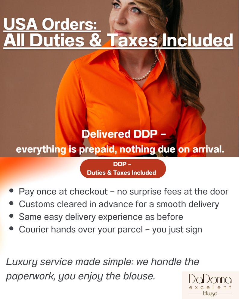 Elegant informational slide for U.S. customers stating that all import duties and taxes are included; DDP delivery with no extra fees on arrival; premium ivory-and-gold design, luxury typography