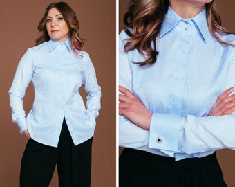 Chemisier bleu à manches longues pour femme, chemise à revers français pour femmes pour boutons de manchette, chemisier à revers français pour femme, chemises pour femmes à manches longues sans repassage