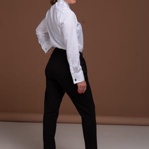 Women`s White Tuxedo Shirt with Piqué Fabric Details and Wing Collar - Perfect for Weddings and Formal Occasions