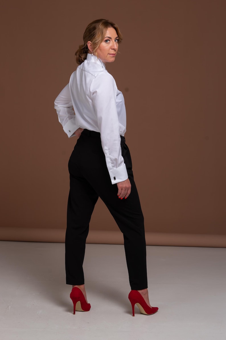 Women`s White Tuxedo Shirt with Piqué Fabric Details and Wing Collar - Perfect for Weddings and Formal Occasions