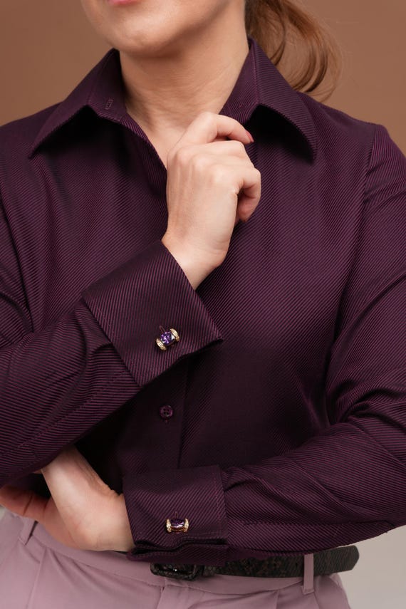 Burgundy Womens Dress Shirt with double Cuffs: Diagonal Weave Fitted Button Down Cotton Blouse, Tailored Shirt, Dark Red French Cuff Blouse Burgundy Womens Dress Shirt with double Cuffs: Diagonal Weave Fitted Button Down Cotton Blouse, Tailored Shirt, Dark Red French Cuff Blouse