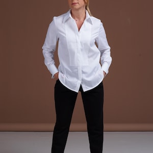 Women's White Tuxedo Shirt with Pleated Panel and French Cuffs - Perfect for Weddings and Formal Occasions
