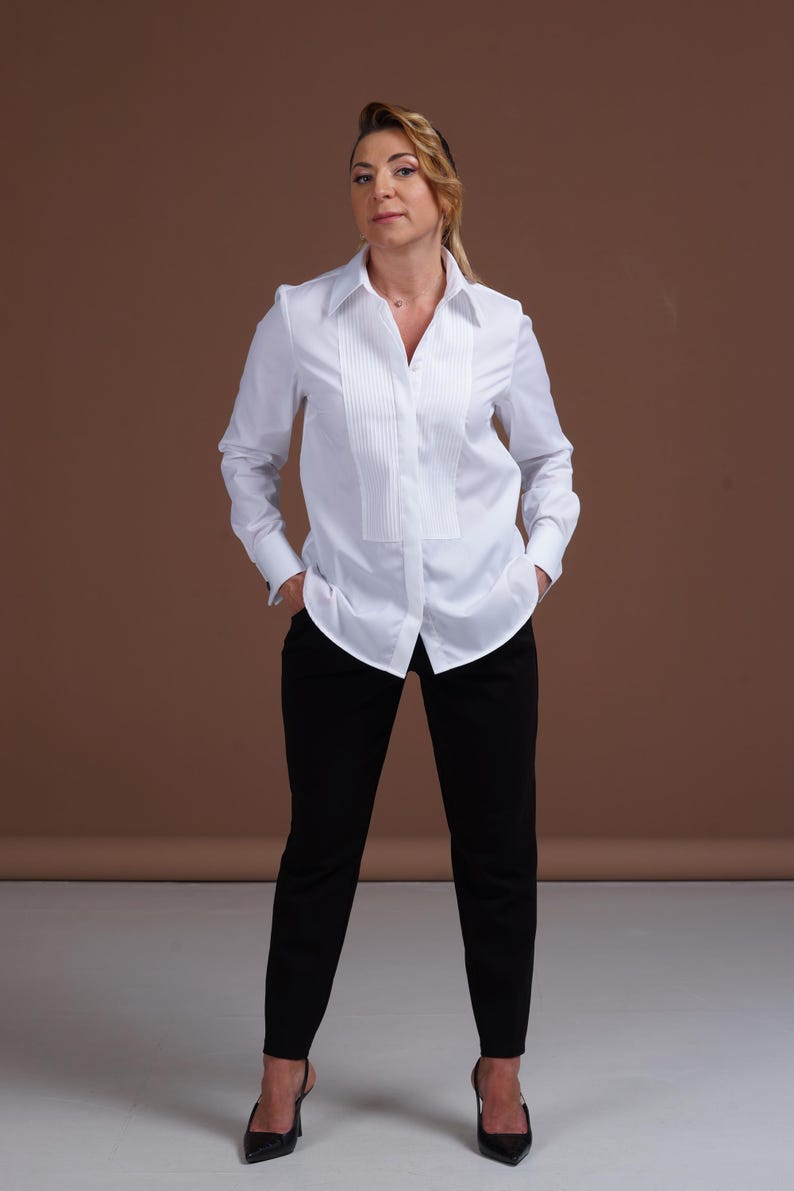 Women's White Tuxedo Shirt with Pleated Panel and French Cuffs - Perfect for Weddings and Formal Occasions