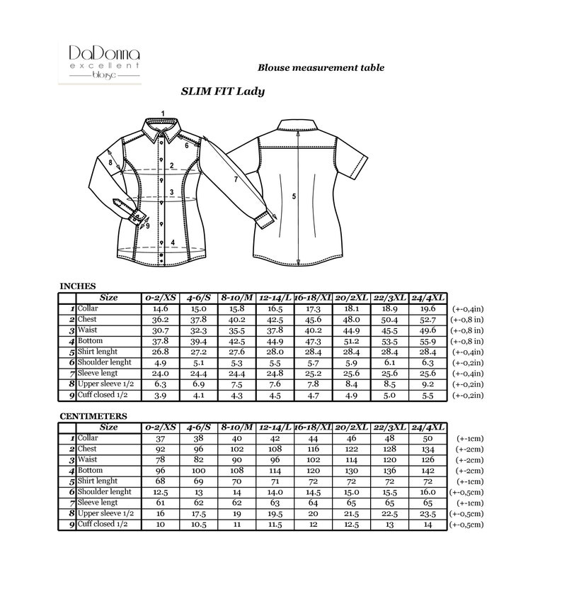 May include: A black and white technical line drawing of a slim fit blouse showing front and back views with numbered measurement points. Below the illustration is a detailed sizing chart providing measurements in inches and centimetres.