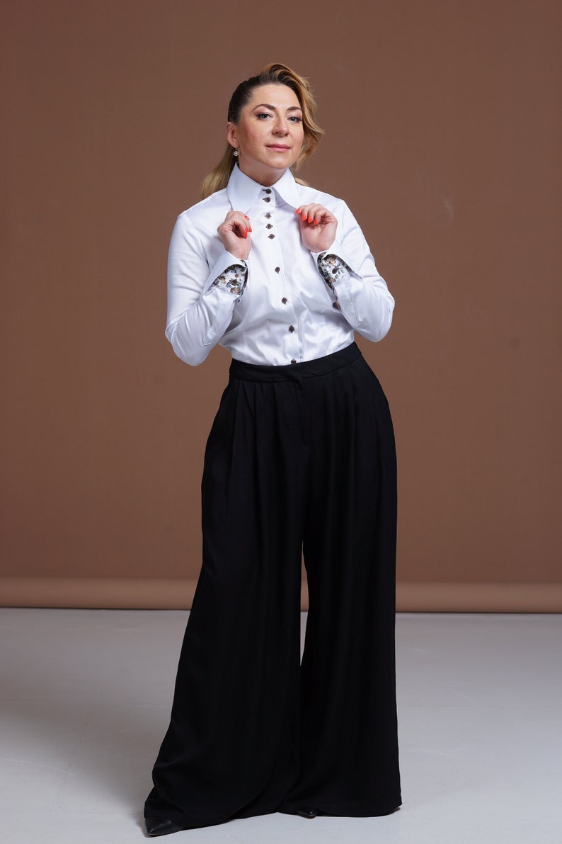 Tailored fit button-up blouse with elegant high collar