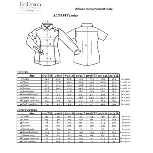 May include: Diagram of a slim-fit lady's blouse with measurements in inches. The image shows a long-sleeved blouse and a short-sleeved blouse, with a table detailing sizes and measurements for collar, chest, waist, bottom, shirt length, shoulder length, sleeve length, upper sleeve, and cuff.