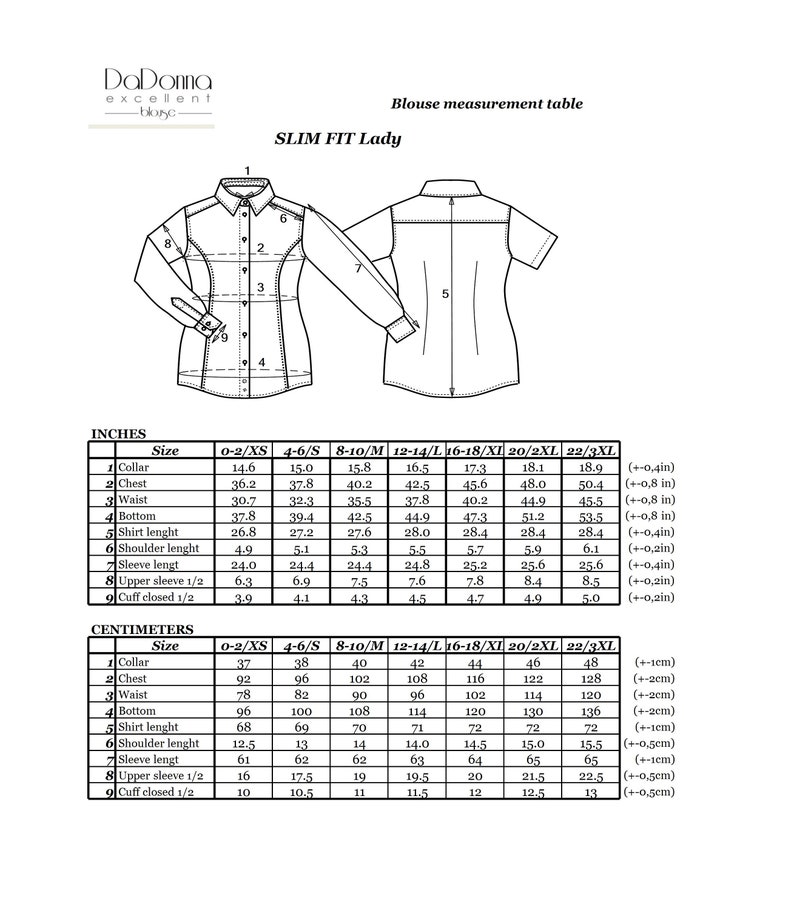 May include: Diagram of a slim-fit lady's blouse with measurements in inches. The image shows a long-sleeved blouse and a short-sleeved blouse, with a table detailing sizes and measurements for collar, chest, waist, bottom, shirt length, shoulder length, sleeve length, upper sleeve, and cuff.