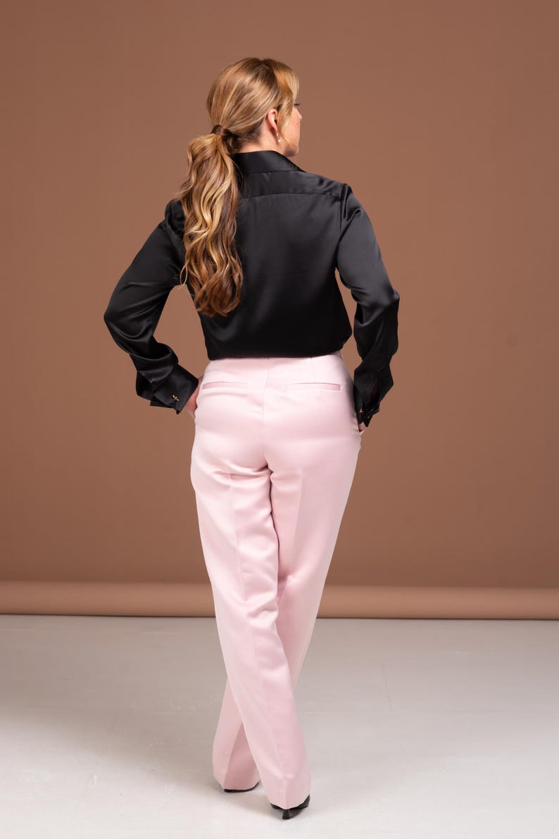 Slim Fit Black Silk Blouse with French Cuffs – Perfect for Weddings or Corporate Events