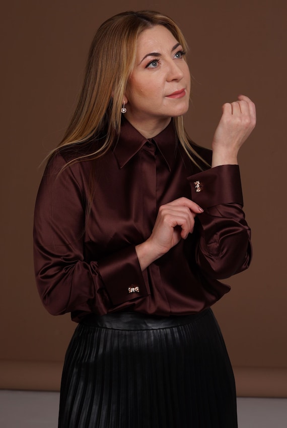 Luxury Pure Mulberry Silk Blouse: Chocolate Brown French Cuff
