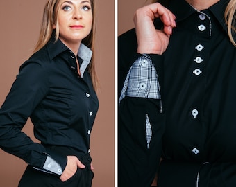 Camisa negra elástica ajustada de calidad de lujo para mujer. Camisa de cuello alto. Camisa casual de negocios con botones negros para mujer, ropa de mujer