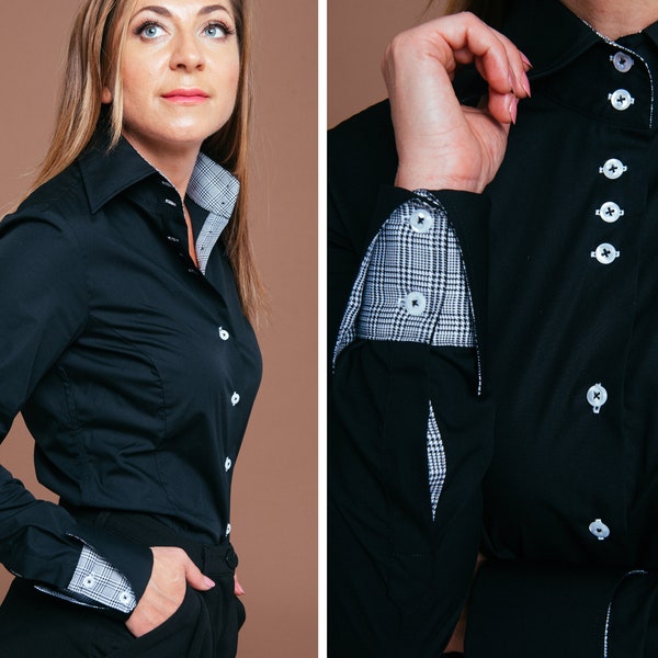 Luxus-Qualität ausgestattet Stretch schwarzes Shirt Frauen. Stehkragenhemd. Schwarzes Button-Down-Shirt Business Casual Shirt für Frauen, Damenbekleidung