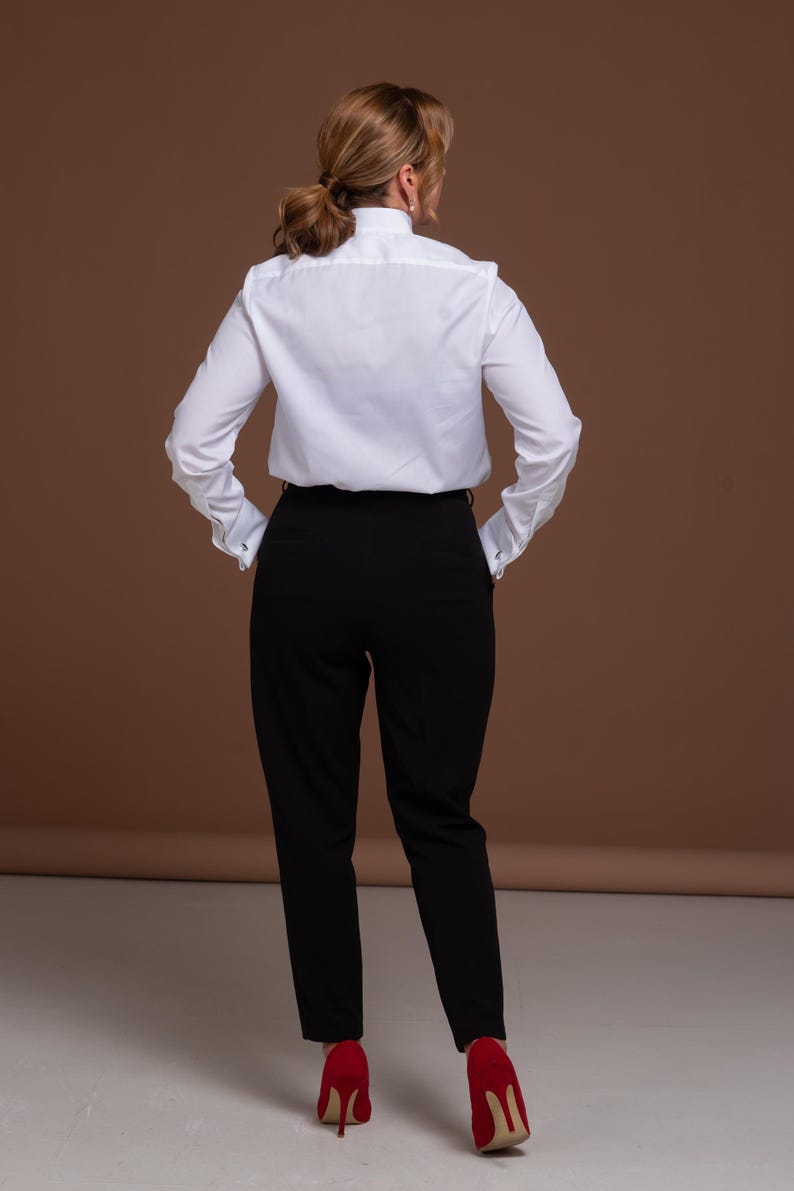 Women`s White Tuxedo Shirt with Piqué Fabric Details and Wing Collar - Perfect for Weddings and Formal Occasions