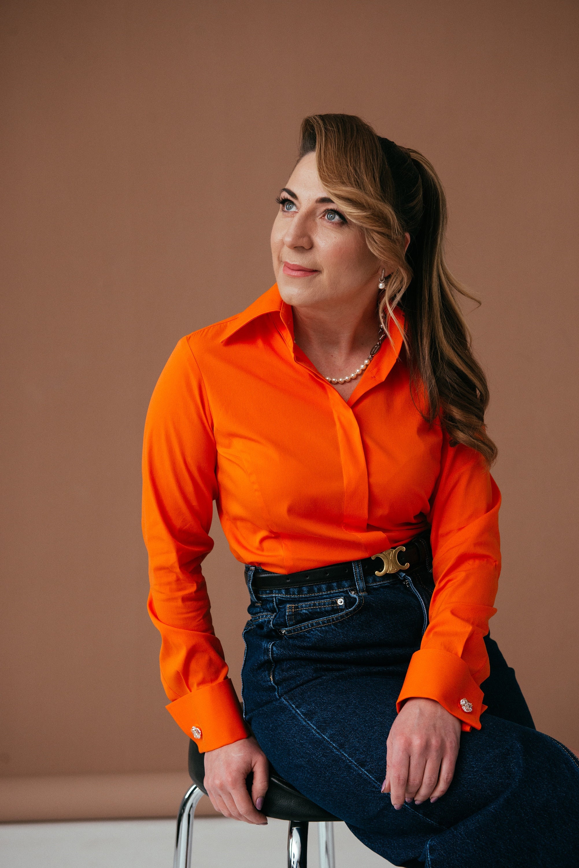 orange french cuff dress shirt Orange French Cuff Blouse: Stretch Cotton High Collar Shirt