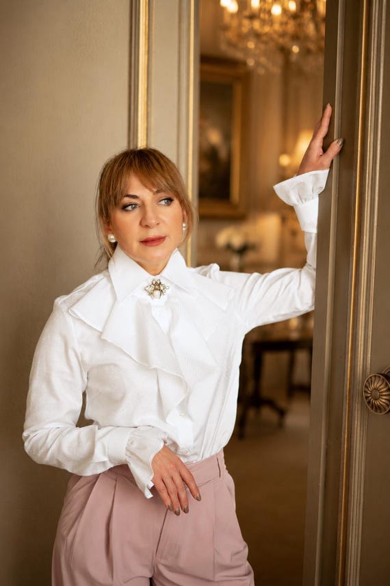 White Ruffle Jabot Blouse – Victorian Ruffled Shirt With High