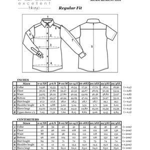 May include: A size chart for ready-made blouses in regular fit. The chart shows measurements in inches and centimeters for collar, chest, waist, bottom, shirt length, shoulder length, sleeve length, and upper sleeve 1/2. Sizes range from 0-2/XS to 22/4XL.