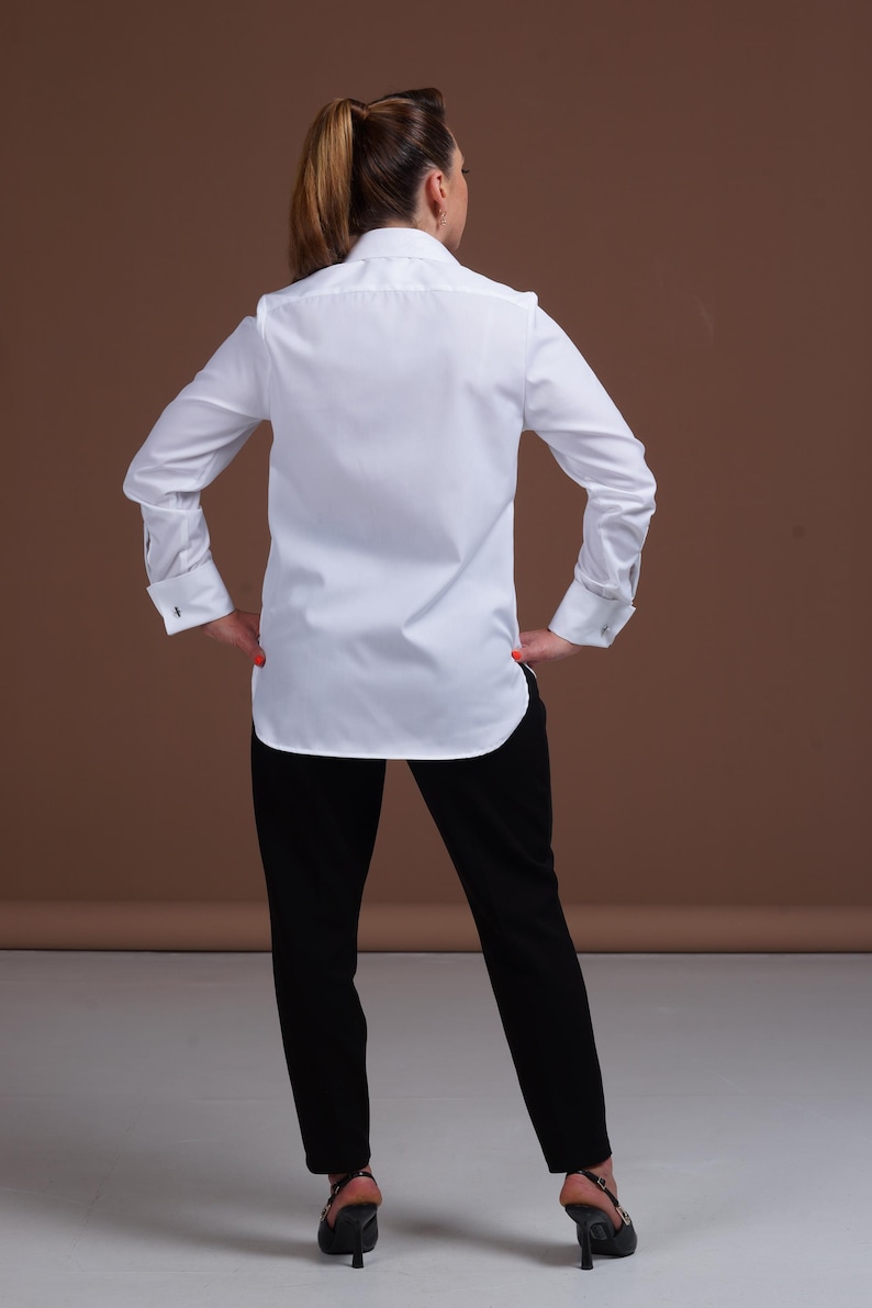 Women's White Tuxedo Shirt with Pleated Panel and French Cuffs - Perfect for Weddings and Formal Occasions