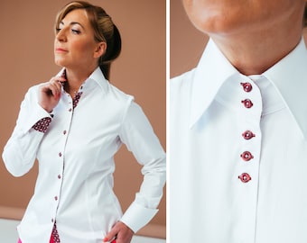 Chemisier blanc pour femme, chemisier en coton stretch, chemise à col blanc pour femme, chemise boutonnée, chemise blanche de luxe, vêtement pour femme, chemisier pour femme