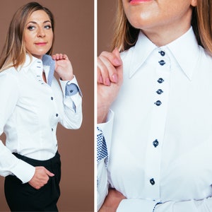 White Blouse, White Collared Shirt Women, Long Sleeve Blouse, Button Up Shirt, Designer High Collar Cotton Blouse, Button Down Shirt Women