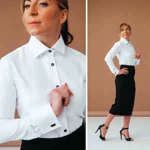 Luxury white shirt women. White shirt women with black buttons and with French cuffs, white collared shirt women, womens clothing tops