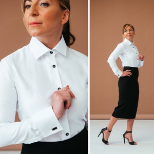 White blouse, White shirt with black buttons, French cuff blouse, Structured white collared shirt women, Womens clothing tops button down