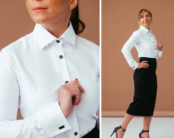 Chemise blanche de luxe pour femme. Chemise blanche pour femmes avec boutons noirs et poignets français, chemise à col blanc pour femmes, hauts de vêtements pour femmes
