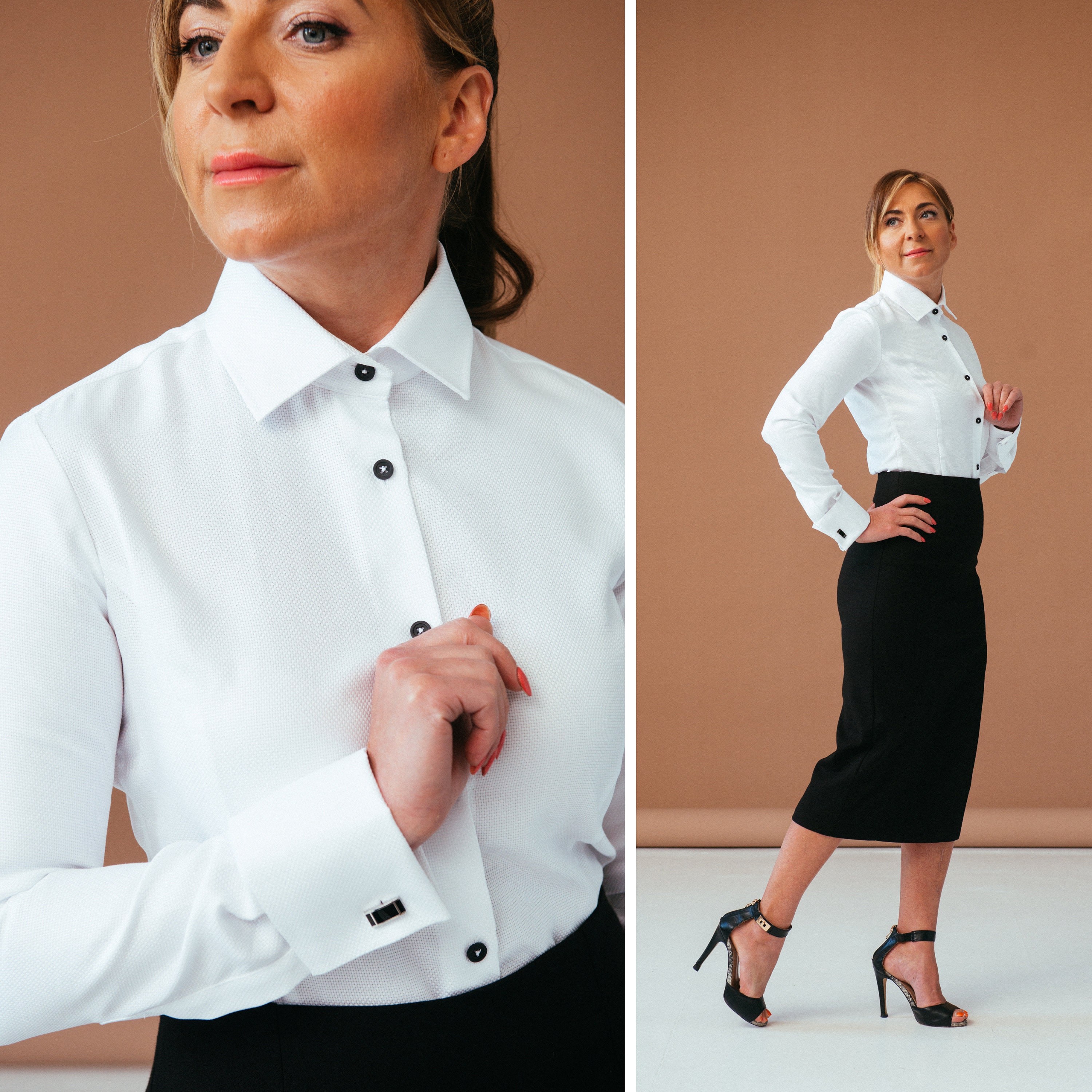 White French Cuff Blouse: Womens Cotton Dress Shirt with Black Buttons