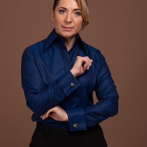 Navy Blue Blouse, Fitted Cotton Shirt for Women, Easy Care 100% Cotton French Cuffs Shirt for Women, Blue Shirt, Blue Top, Cufflink Shirt
