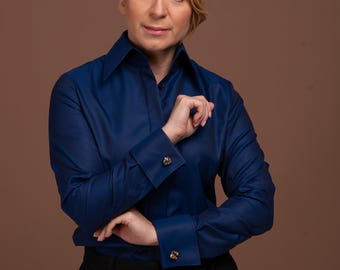 Bold Blue French Cuff Shirt: Fitted Easy Care Cotton Blouse