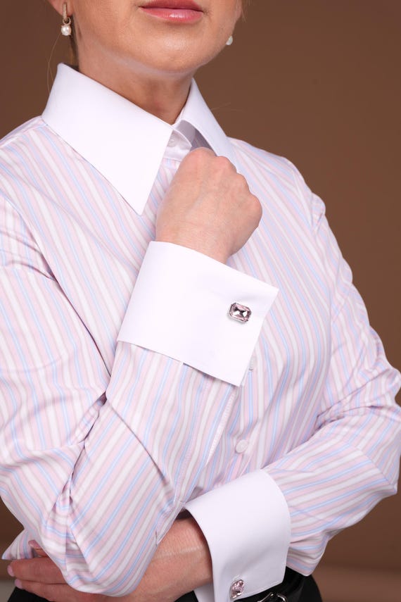 Striped Fitted Cotton French Cuff Dress Shirt for Women: Pink & Blue Stripe Button Down Blouse
