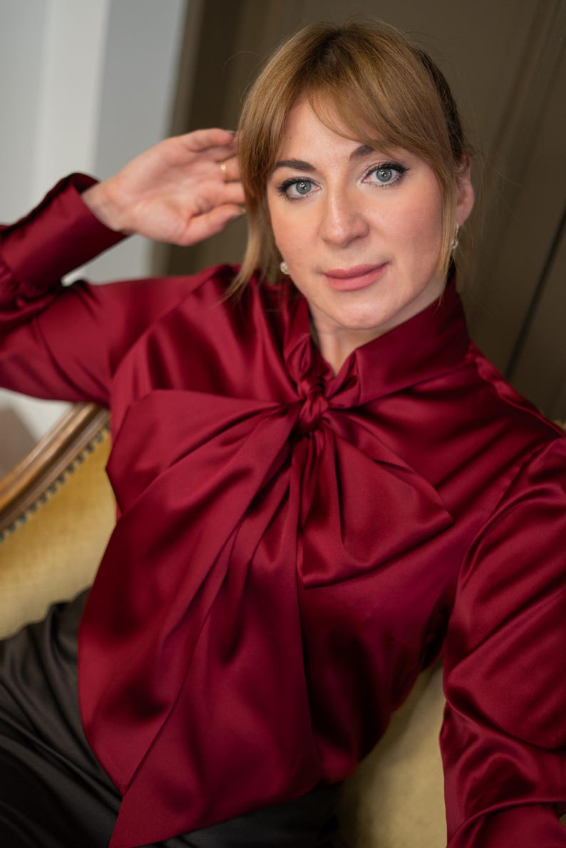 Statement Blouse Example 12 Colors Pure Mulberry Silk Bow Blouse, Elegant Satin Shirt With ...